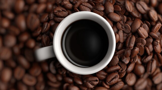 Top-down view of a ceramic coffee cup resting on a pile of roasted coffee beans with warm brown tones, ideal for coffee, beverage, and cafÃ©-themed visuals.