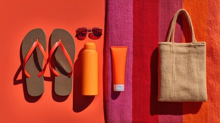 Close-up of summer essentials including colorful flip flops, sunglasses, a bag, and sunscreen bottle on a light surface, perfect for beach or travel themes.
