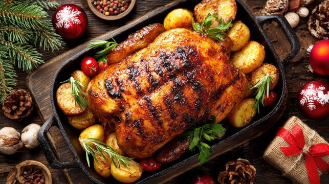 Close-up of golden roasted chicken and crispy potatoes in a black pan, highlighting textures and warm tones, ideal for food and cooking visuals.