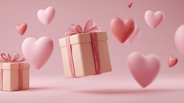 Colorful red hearts float around a white gift box with a red bow on a clean white background, perfect for love, romance, or celebration themes.