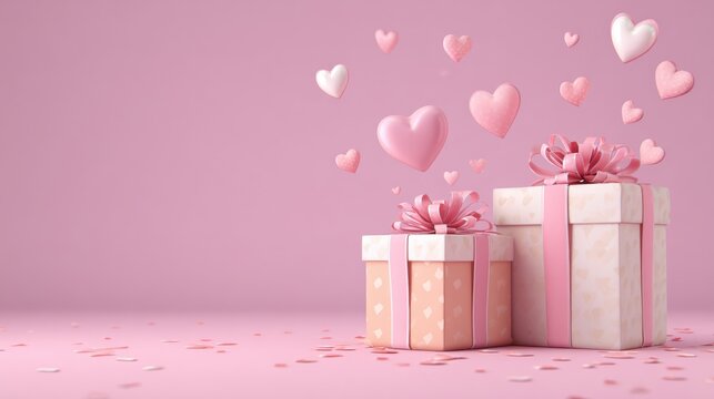 Two open boxes releasing red and pink heart shapes floating upwards on a white background, symbolizing love, romance, and heartfelt emotions.