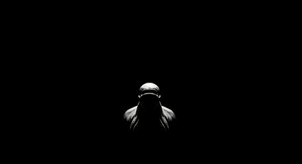 A subtle, almost fleeting presence of a solitary figure emerges from absolute darkness, a mysterious silhouette hinting at hidden thoughts and profound introspection