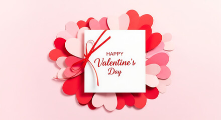 Celebrating love with a festive arrangement of paper hearts and a Happy Valentine's Day note tied with a delicate red ribbon