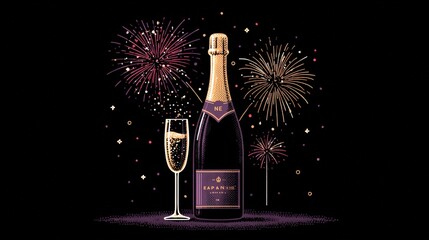 Sparkling fireworks illuminate the night sky behind a chilled champagne bottle and filled glass, capturing celebration and luxury at nighttime outdoors.