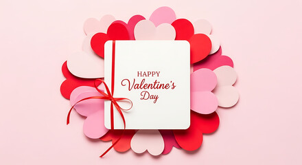 Heartfelt Valentine's Day Card with Paper Hearts and Ribbon on Pink Background