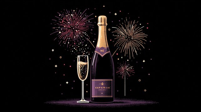 Sparkling fireworks illuminate the night sky behind a chilled champagne bottle and filled glass, capturing celebration and luxury at nighttime outdoors.