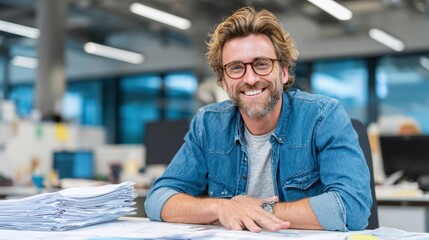 Smiling man working at a desk with a laptop and stacks of papers in a bright indoor office setting during daytime.