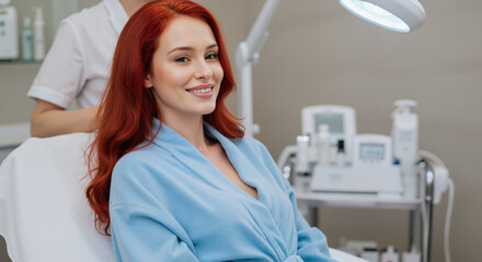 Fototapeta premium A happy woman with red hair smiling in a cosmetology clinic. A satisfied client in a blue robe before a skincare treatment at a beauty salon