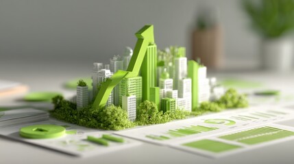 A vibrant green city skyline with modern buildings and a rising blue growth graph overlay, symbolizing urban development and economic progress.