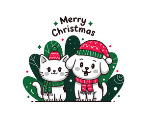 Cartoon Kawaii Cat and Dog Duo Celebrating Merry Christmas in Winter Accessories