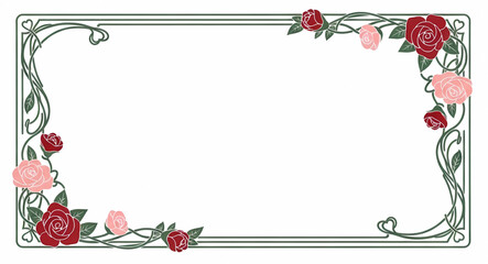 Horizontal Art Nouveau border with stylized roses (dark red and pink) and curving green vines and leaves, ideal for a certificate or document frame.