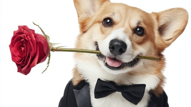 A dog dressed in a black tuxedo and red bow tie holds a single red rose, set against a clean white background, ideal for romantic or formal themes. - Powered by Adobe