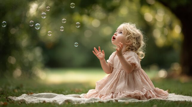 Toddler in a striped outfit sitting on a blanket outdoors, blowing soap bubbles during daytime with a soft grassy background.