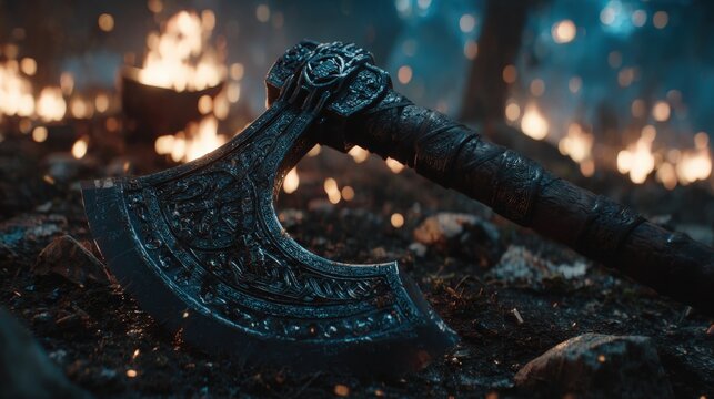 Large, rusted axe lying on dry dirt ground in natural outdoor setting, showcasing weathered metal blade and wooden handle under daylight. - Powered by Adobe