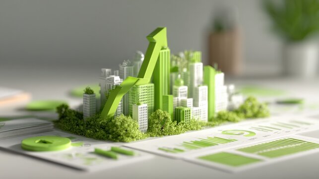 A vibrant green city skyline with modern buildings and a rising blue growth graph overlay, symbolizing urban development and economic progress.