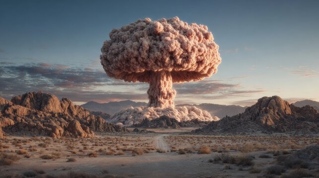 A large mushroom cloud rises over a barren desert landscape with a winding dirt path under a clear blue sky during daytime.