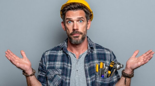 Bearded man wearing a yellow hard hat extends his hands forward, dressed in casual clothing against a plain white background, studio shot with soft lighting.