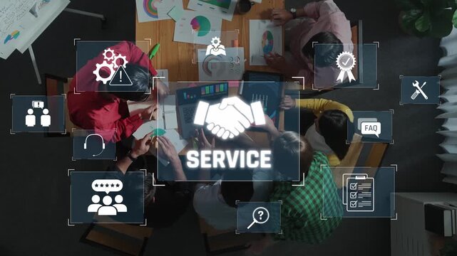 A team collaborates in a modern office, discussing service improvements using technology and data visualization, fostering creativity and strategic planning. Raster