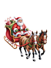 Santa claus and his reindeer pulling a sleigh full of gifts isolated on transparent background