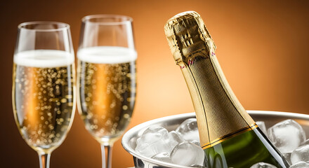 Elevate your celebrations with effervescent golden champagne, perfectly chilled in an ice bucket, offering a delightful and luxurious experience for every memorable occasion