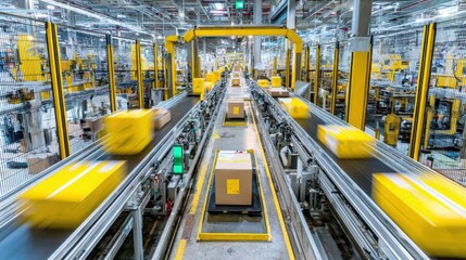 Aerial view of a factory conveyor belt transporting numerous cardboard boxes in an industrial setting with bright lighting and metallic machinery.