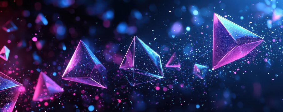 Abstract geometric shapes with vibrant neon blue and purple tones on a dark background creating a futuristic and digital atmosphere