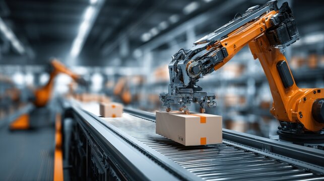 Red industrial robot arm transporting a cardboard box on a conveyor belt inside a modern factory with metal machinery and bright lighting.