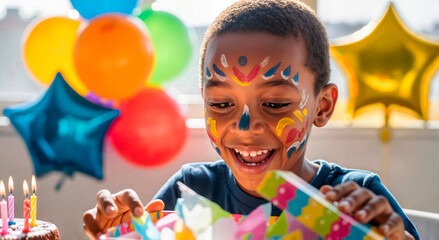 African boy with painted face opening a gift at birthday celebration