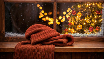 Cozy winter hat and scarf on windowsill overlooking Christmas tree and lights, warm holiday atmosphere