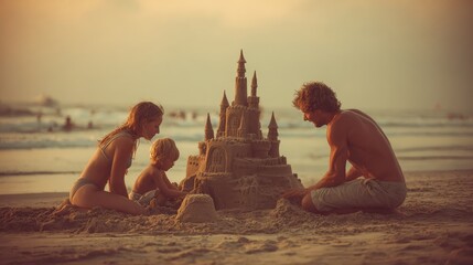 Two people sitting on a sandy beach building a sandcastle during daylight with clear sky and calm ocean in the background.