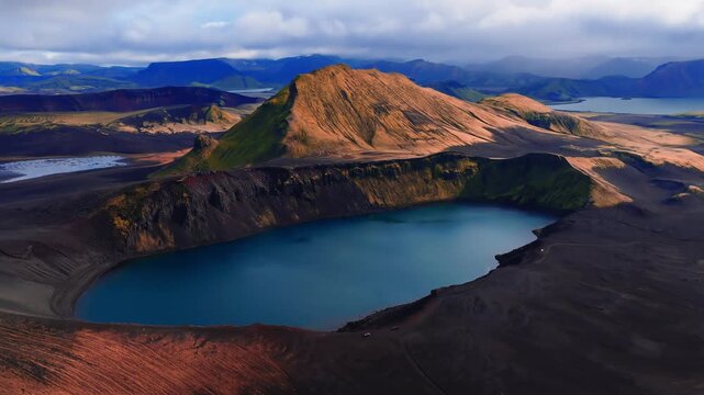 Aerial camera glides above Ljotipollur crater near Landmannalaugar, Iceland. Turquoise lake, rust ridges, black lava fields, distant mountains, soft light, saturated color.