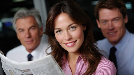 Smiling woman reading a newspaper indoors with two men blurred in the background, natural light, casual clothing, modern office setting.
