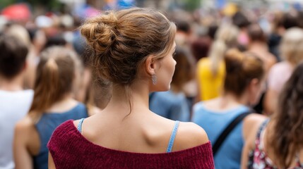 A woman in a red top stands amid a diverse crowd outdoors during daytime, capturing urban social interaction and vibrant street life.