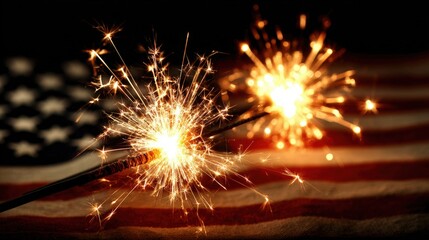 Bright fireworks sparkle against a waving American flag at night, accompanied by a glowing handheld sparkler, symbolizing celebration and patriotism.