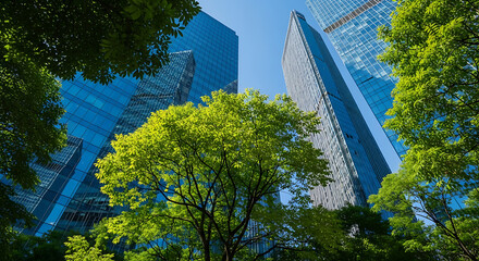 Skyscrapers and Lush Green Trees Under a Clear Blue Sky, Creating a Harmonious Blend of Urban Development and Nature's Beauty
