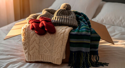 Knitted winter clothes taken from cardboard box on bed in sunlight, cozy anticipation of winter