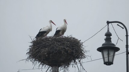 Two white storks perched on a nest atop a street lamp against a clear sky during daytime in an urban outdoor setting.