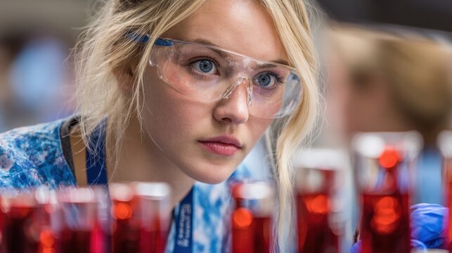 Blonde woman wearing glasses examining a row of clear test tubes in a bright laboratory setting with white background, focused on scientific research.