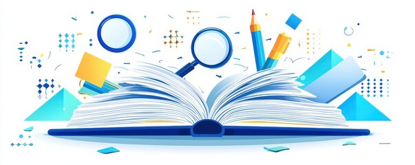 Flat design illustration of an open book with stationery items and abstract elements representing creativity and knowledge