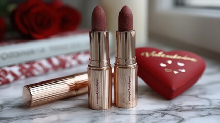 Three lipsticks arranged on a white marble countertop beside a red heart shape, featuring a clean, minimalist beauty product setup in soft natural light.
