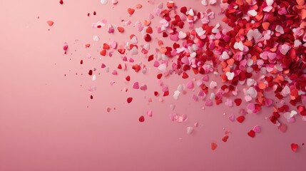 Heart-shaped red confetti falling against a soft pink background, creating a festive and romantic atmosphere with floating paper pieces in mid-air.