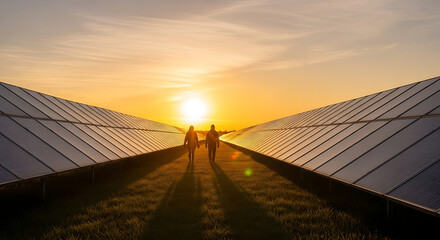 Silhouettes of engineers walk through an expansive solar panel field at sunset, symbolizing a bright future for sustainable energy and environmental innovation