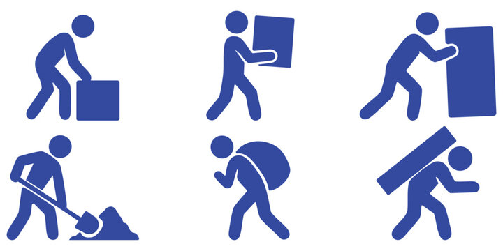 Stickman delivery and labor work icons, Heavy lifting and courier activity silhouettes, Worker carrying and pushing boxes illustration