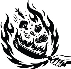 Silhouette Cooking ingredients in frying pan with flames vector illustration