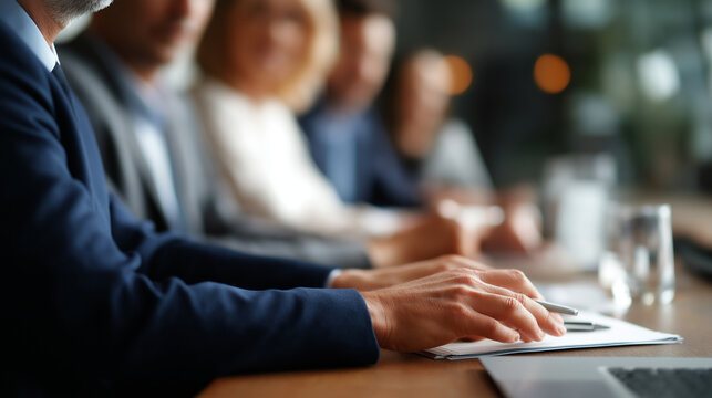Unrecognizable cropped faceless businesspeople's hands and torsos working at meeting table defocused conference room background collaborative session professional teamwork