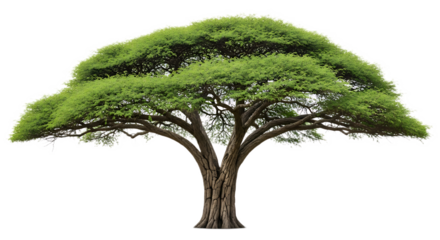 A large tree with a wide canopy of green leaves and thick branches against a black background