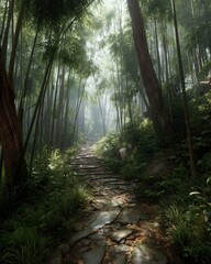 Obraz premium Misty Morning Bamboo Path