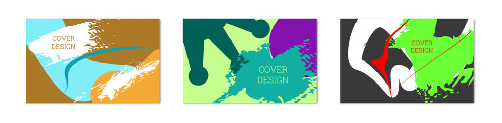 Paint strokes and geometric elements. Set of 3 multi-colored backgrounds.  Unusual creative background.