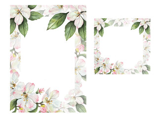 Hand drawn set watercolor frame with pink apple blossoms and green leaves on white background. Elegant floral border for wedding invitation, greeting card, or spring design.