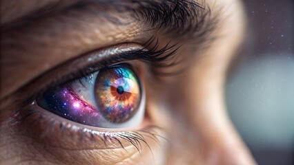 Macro Shot of Human Eye Reflecting Galaxy